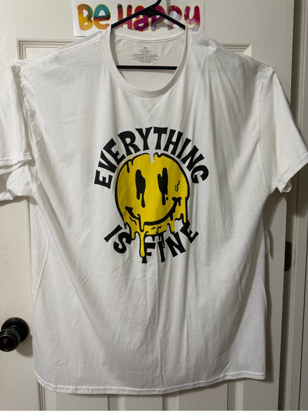 Everything Is Fine White Graphic Tee with Yellow Smiley